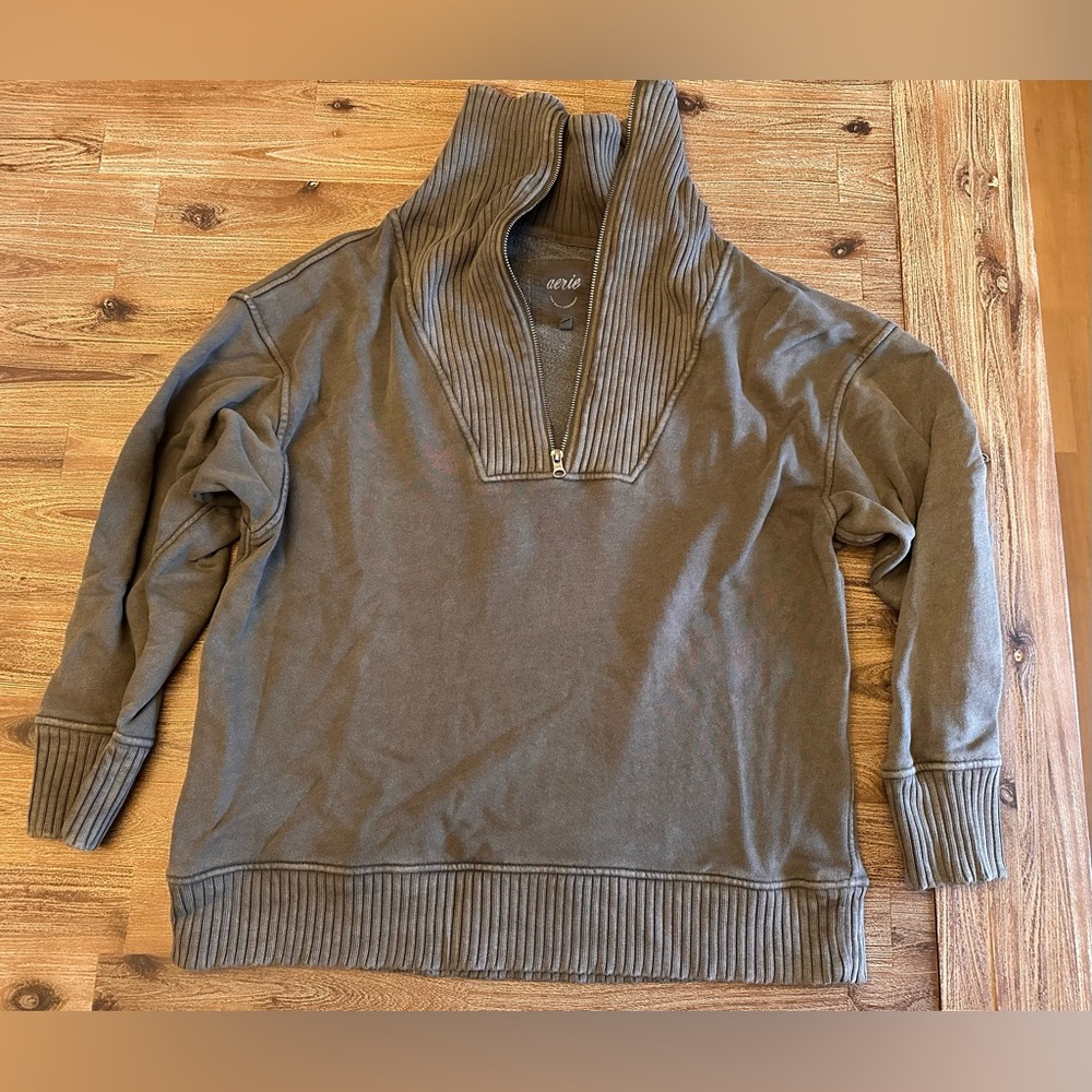 Aerie Olive Ribbed Half-Zip Sweatshirt